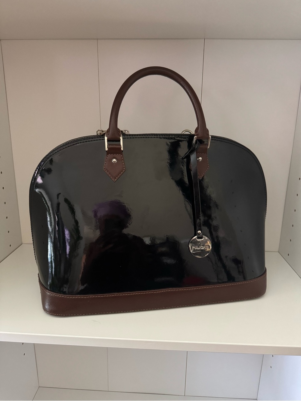 Patent Leather Dome Satchel in Black with Brown Trim